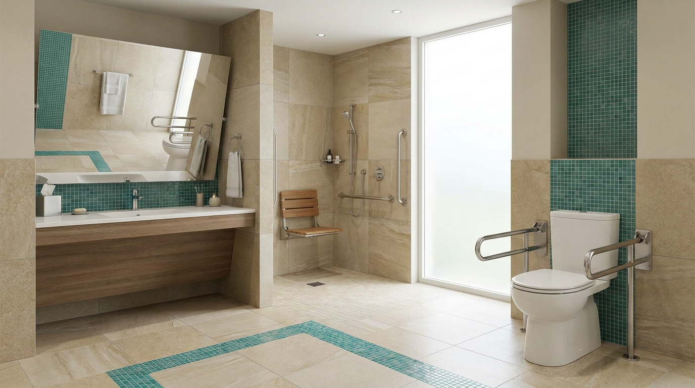 Rollstuhlgerechtes barrierefreies Bad mit unterfahrbarem Waschtisch, bodengleicher Dusche und Haltegriffen.