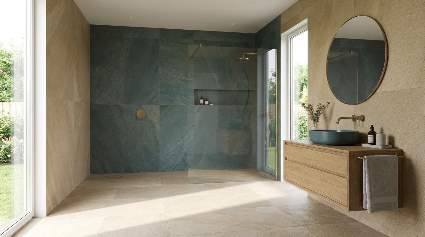 Begehbare Walk-in-Dusche mit Glaswand an der früheren Stelle einer Badewanne in einem modernen Bad.