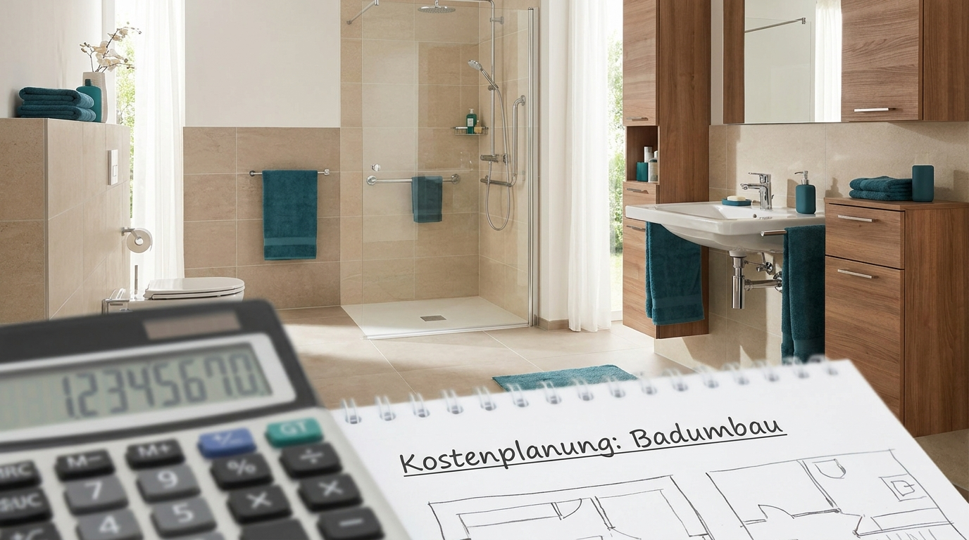 Modernes barrierefreies Bad mit bodengleicher Dusche und einem Taschenrechner als Symbol für die Kostenplanung.