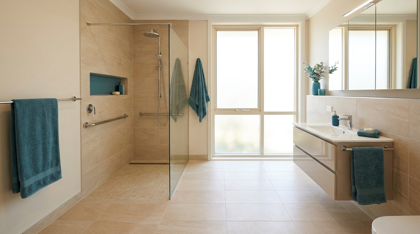 Modernes barrierefreies Badezimmer mit bodengleicher Dusche, Glaswand und dezenten Haltegriffen in warmen Sandtönen.
