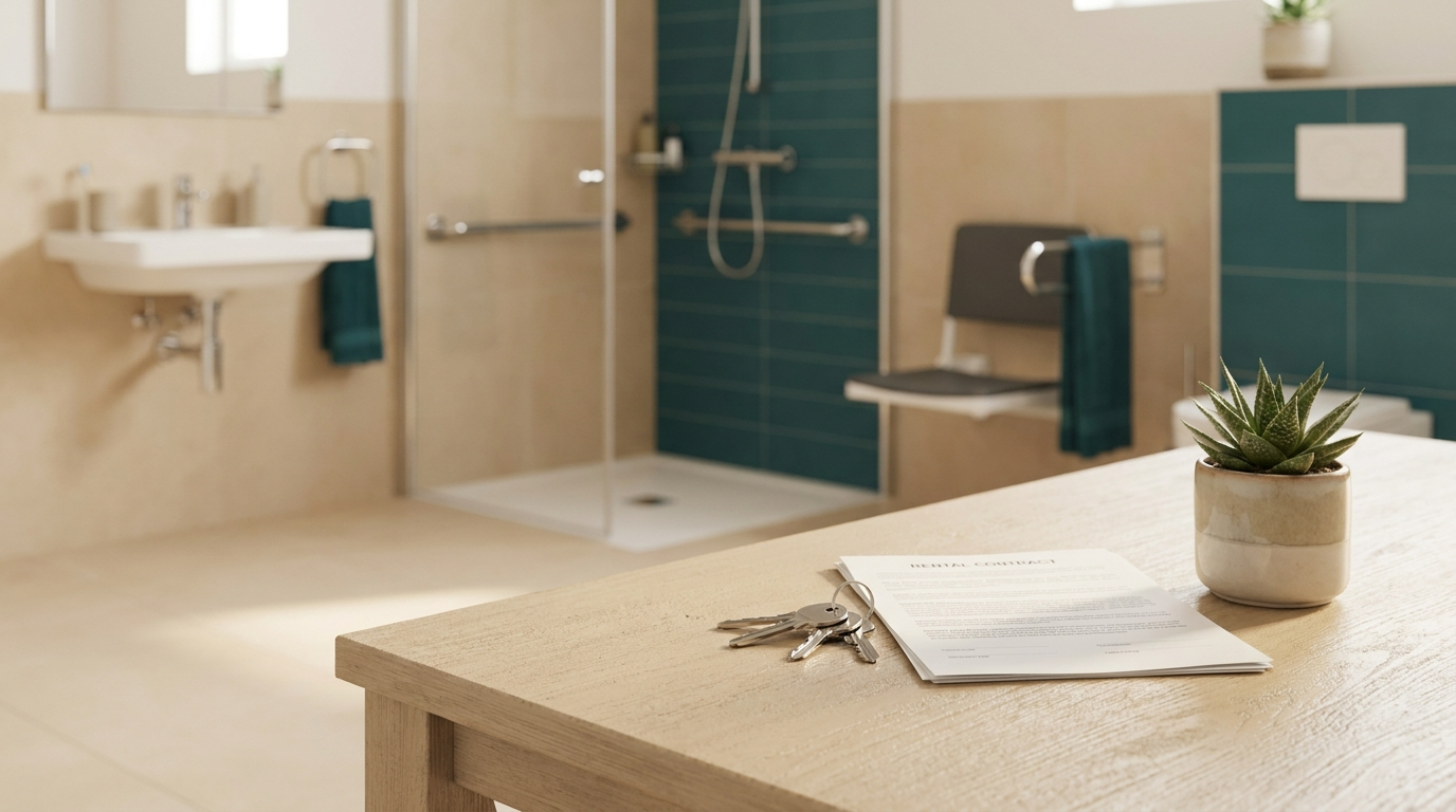 Wohnungsschlüssel, ein gefalteter Mietvertrag und eine kleine Topfpflanze auf einer hellen Fläche, im Hintergrund ein barrierefreies Miet-Bad mit bodengleicher Dusche.