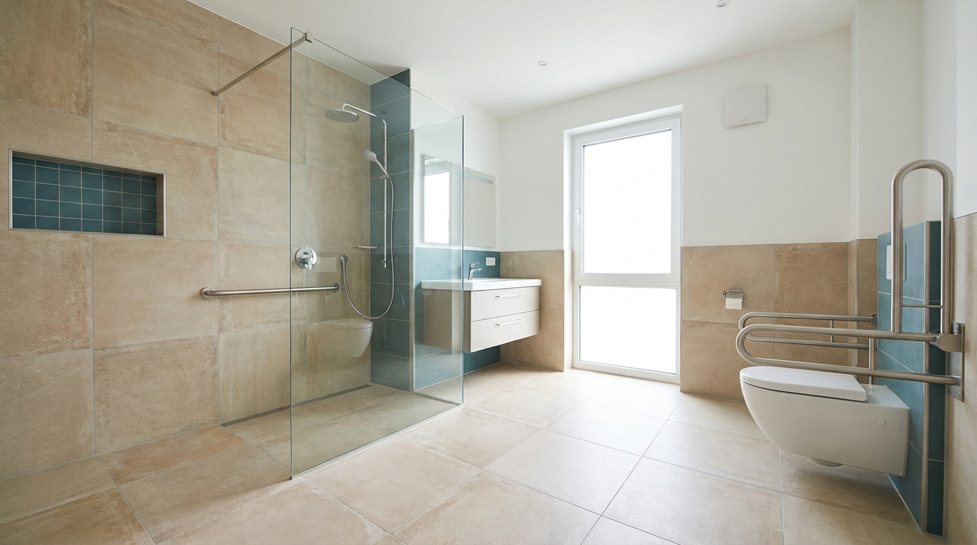 Modernes barrierefreies Badezimmer mit bodengleicher Dusche und Glaswand in warmen Sandtönen.