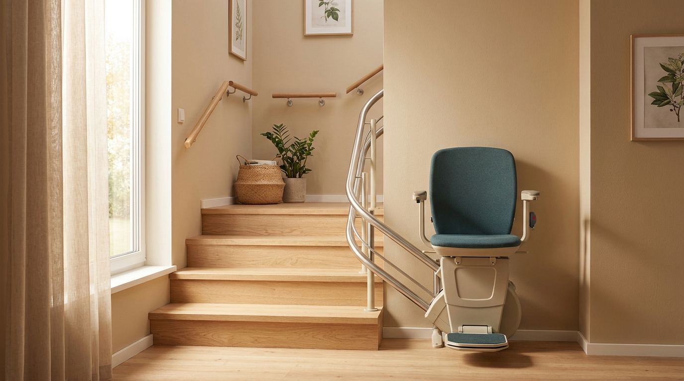 Sitz-Treppenlift auf einer durchgehenden Schiene an einer hellen Holztreppe in einem Wohnhaus.