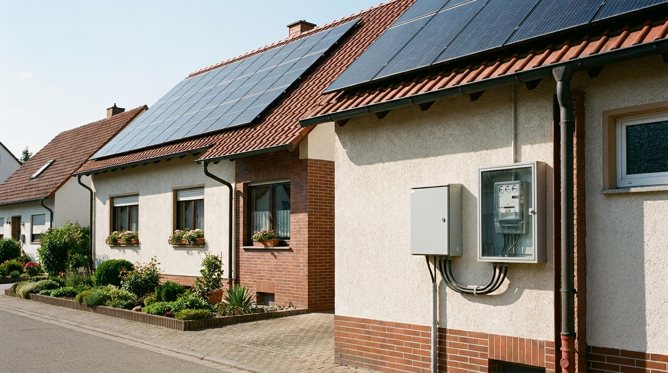 Solarmodule auf einem Hausdach mit Blick auf den Stromzähler und den Hausanschluss.