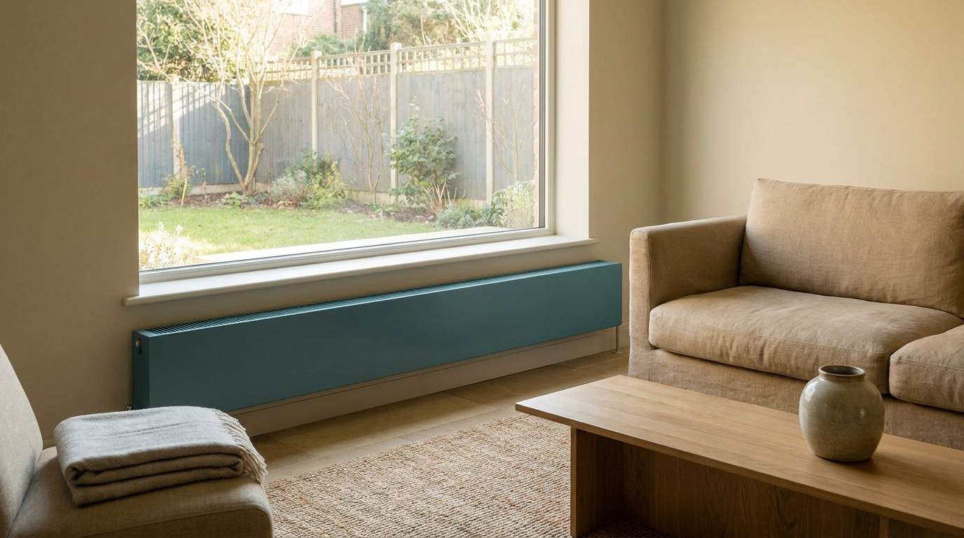 Modernes Wohnzimmer mit großem Fenster und einem Heizkörper darunter.