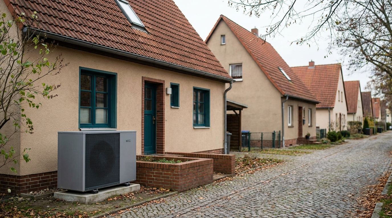 Wohnstraße mit Einfamilienhäusern und einer Wärmepumpe neben einem Haus.