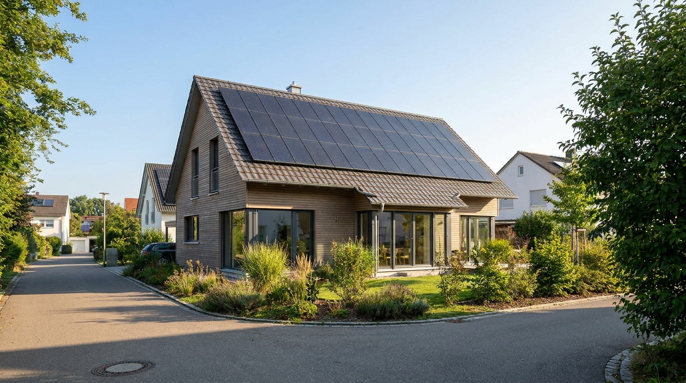 Einfamilienhaus mit einer Photovoltaikanlage auf dem Ziegeldach bei sonnigem Himmel.