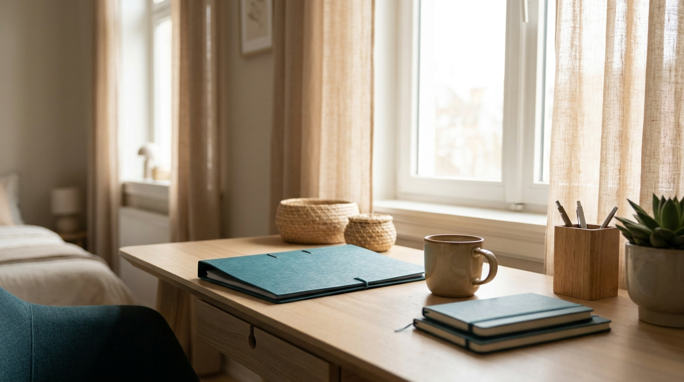 Aufgeräumter Schreibtisch mit Unterlagen und einer Tasse an einem hellen Fenster.
