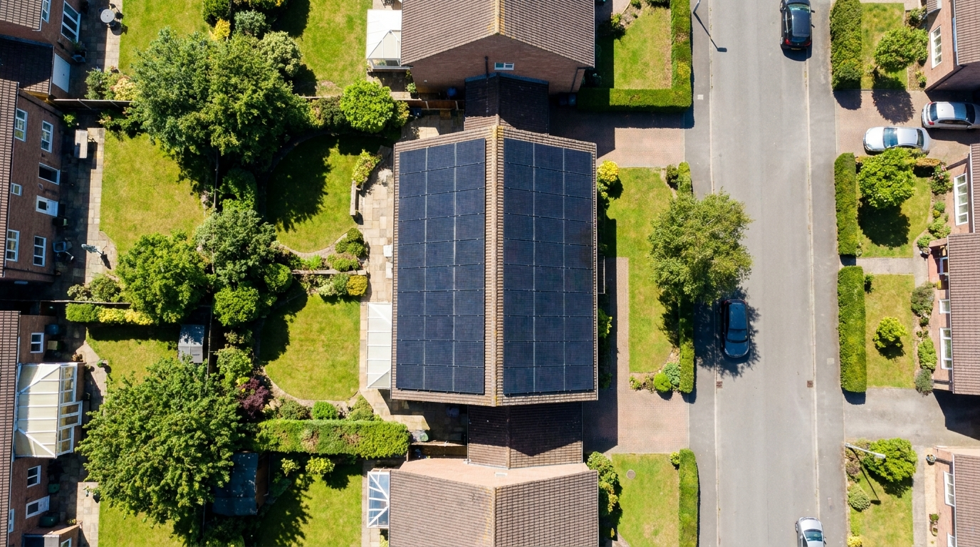 Luftaufnahme eines Wohnhausdachs, das vollständig mit dunklen Solarmodulen belegt ist.