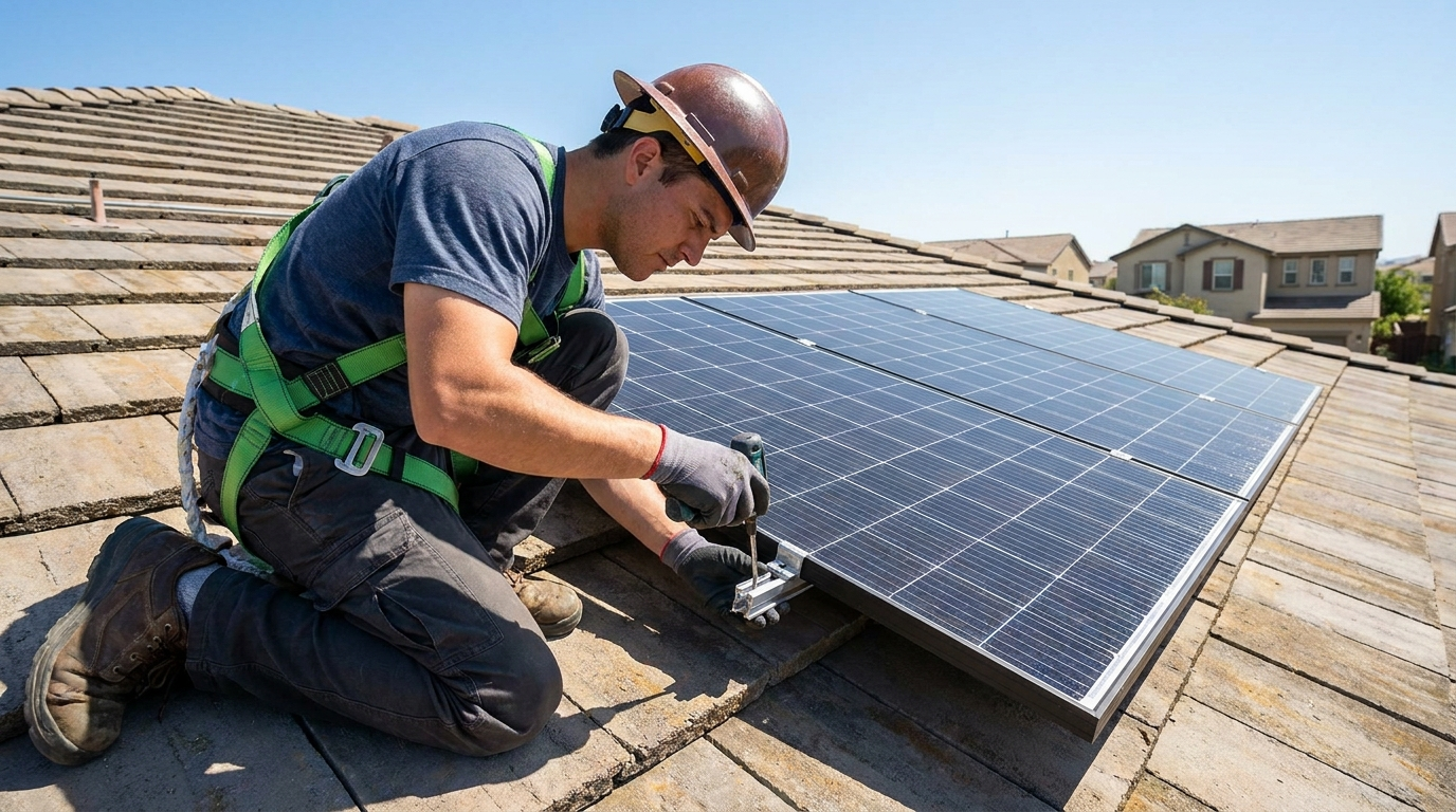 Fachhandwerker in Arbeitskleidung prüft auf einem Wohnhausdach die Montage dunkler Solarmodule.