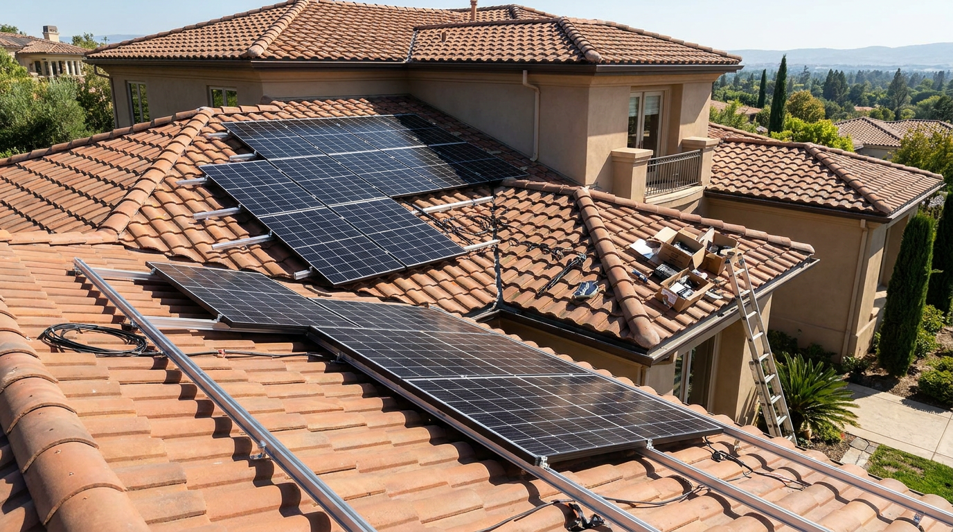 Installateur in Arbeitskleidung montiert auf einem Wohnhausdach ein dunkles Solarmodul, im Hintergrund weitere bereits montierte Module.