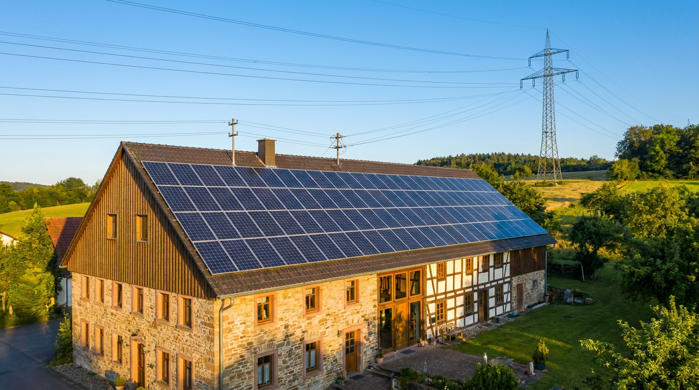 Photovoltaikanlage auf einem Hausdach mit Stromzähler, die überschüssigen Solarstrom ins Netz einspeist
