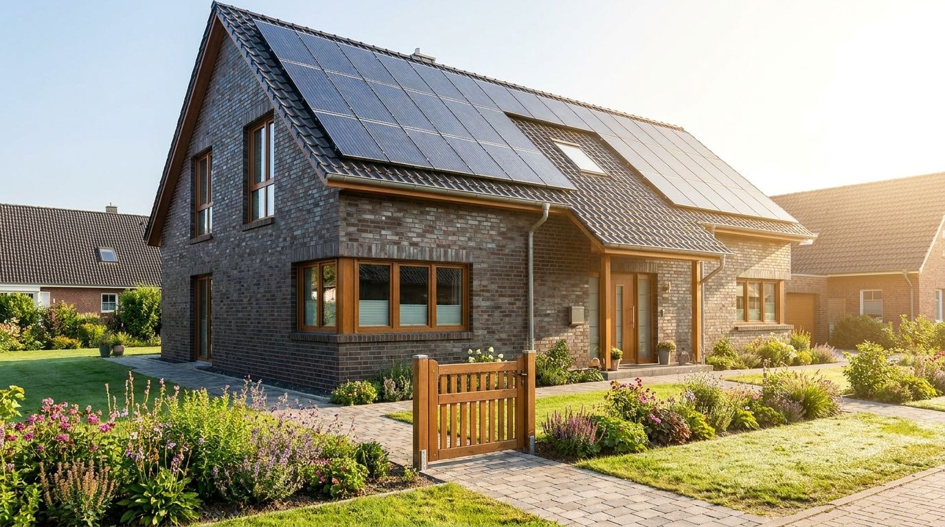 Solarmodule auf einem Wohnhausdach im Sonnenlicht, daneben ein Taschenrechner und Unterlagen als Symbol für Kosten und Förderung.