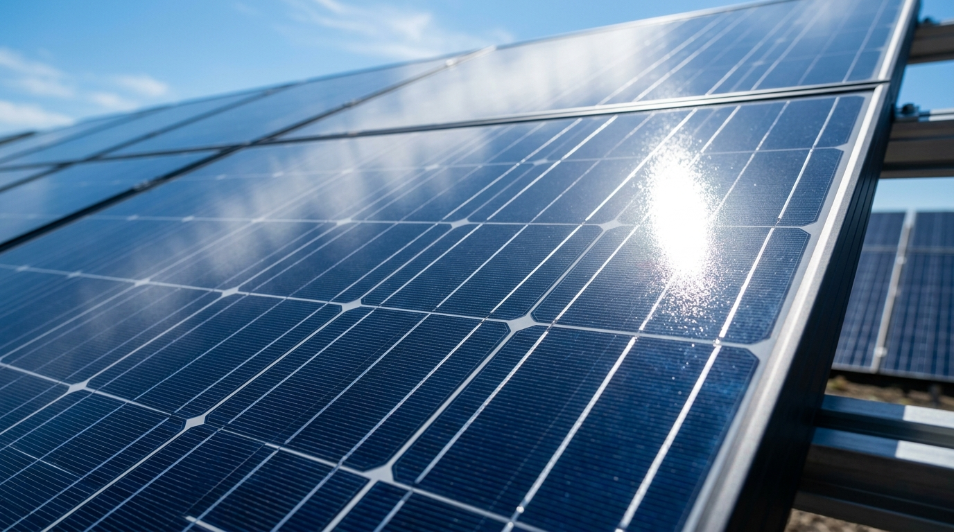 Nahaufnahme der Oberfläche eines Solarmoduls, das den blauen Himmel und die Sonne spiegelt.