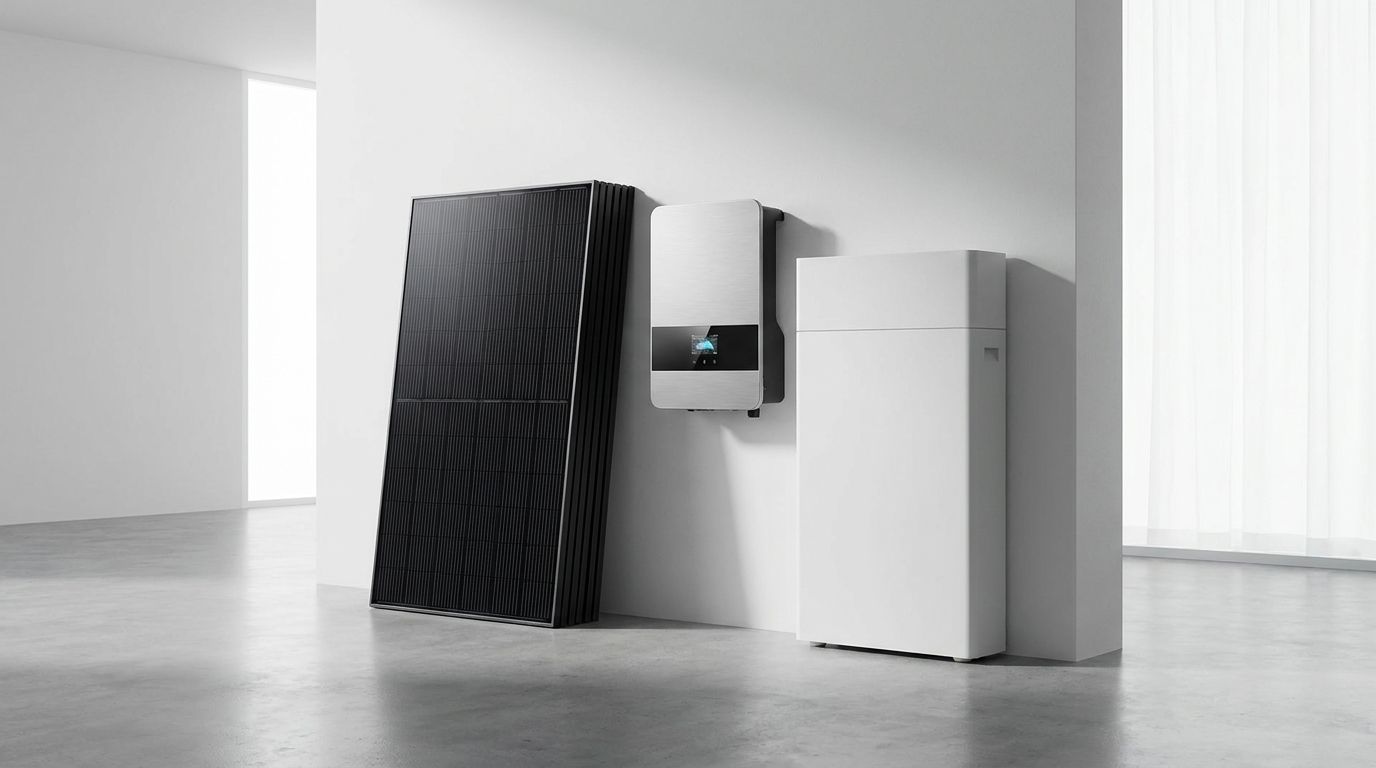 Moderne Photovoltaik-Komponenten nebeneinander: ein Stapel Solarmodule, ein Wechselrichter und ein Batteriespeicher in einem hellen Raum.