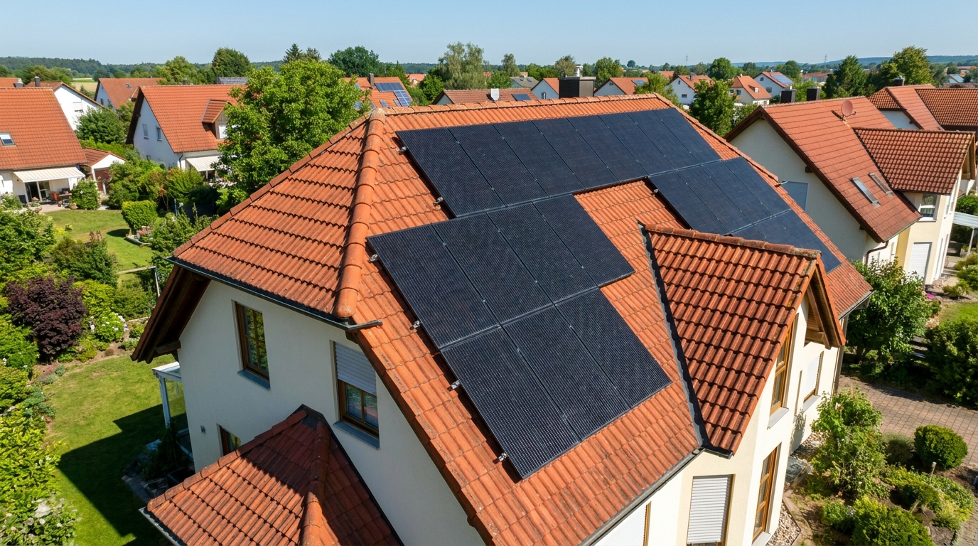 Luftaufnahme eines Wohnhausdachs mit mehreren Reihen dunkler Solarmodule.