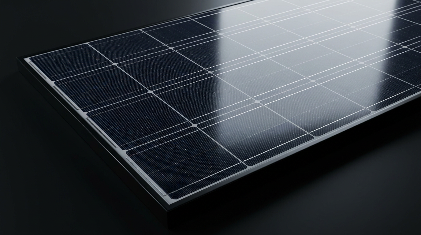 Nahaufnahme mehrerer dunkler monokristalliner Solarmodule in Reihe auf einem Hausdach vor blauem Himmel.