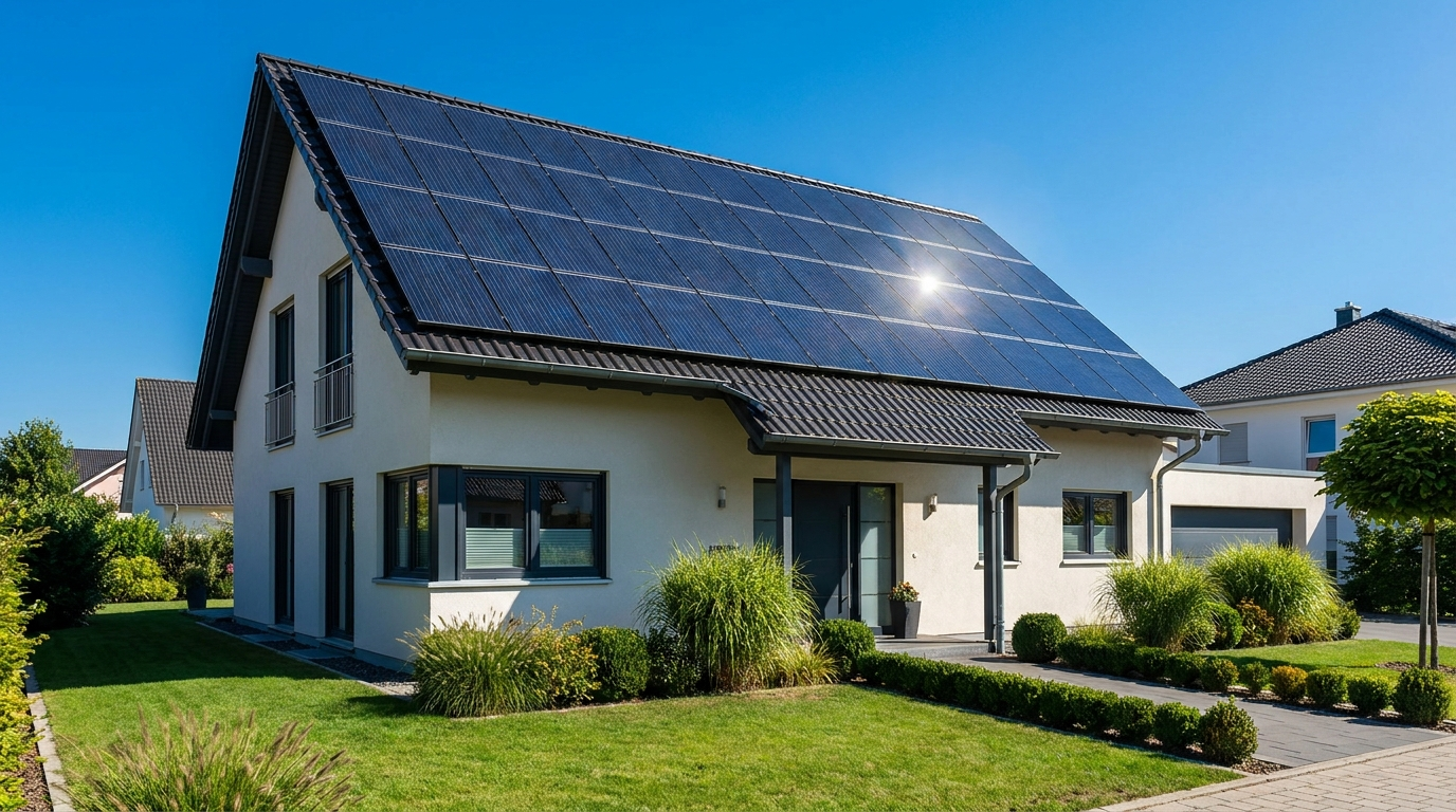 Modernes Einfamilienhaus, dessen Dach vollständig mit dunklen Solarmodulen belegt ist, bei blauem Himmel.