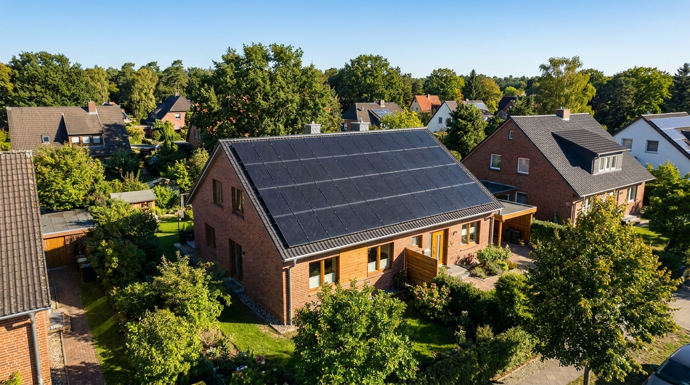 Luftaufnahme eines Backsteinhauses mit schwarzen Photovoltaik-Modulen auf dem Dach in einem grünen Wohnviertel am Berliner Stadtrand.