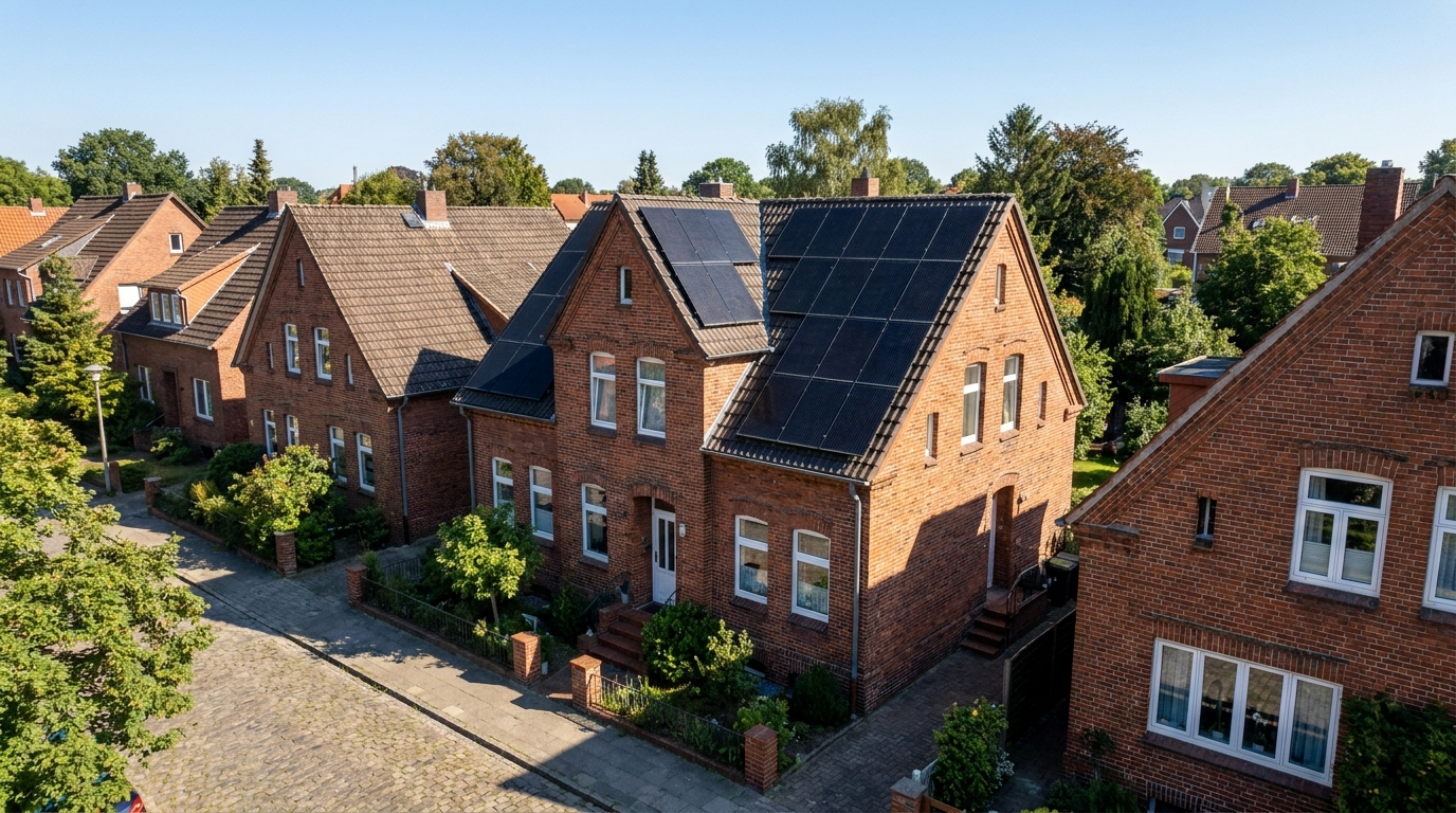 Luftaufnahme norddeutscher Backstein-Reihenhäuser im Altbremer Stil mit schwarzen Solarmodulen auf dem Dach an einer gepflasterten Straße.