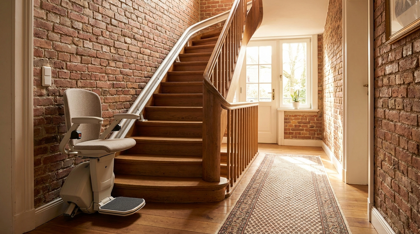 Backstein-Flur in einem Bremer Stadthaus mit Holztreppe und einem Sitz-Treppenlift.