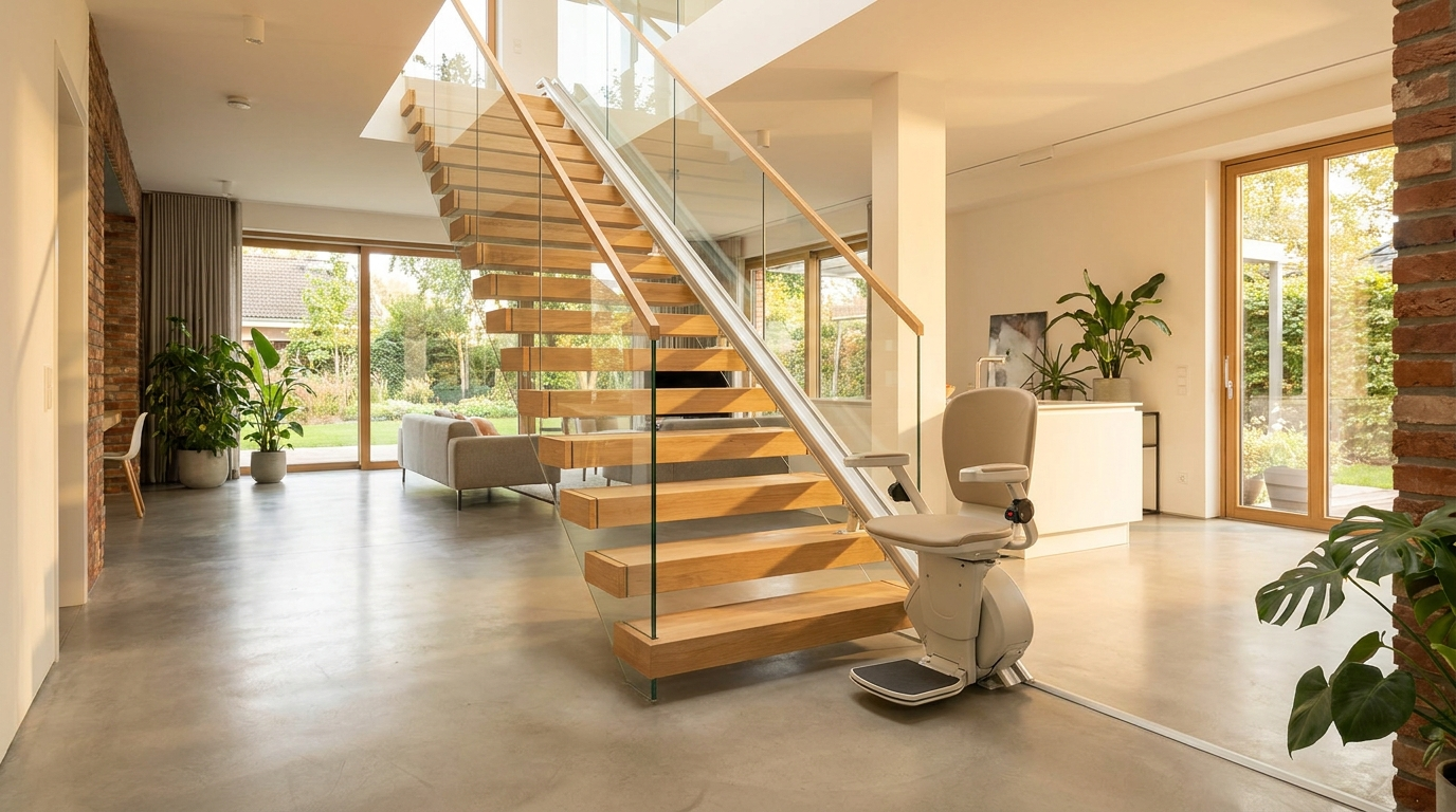 Offene Holztreppe in einem hellen Dortmunder Familienhaus mit einem Sitz-Treppenlift.
