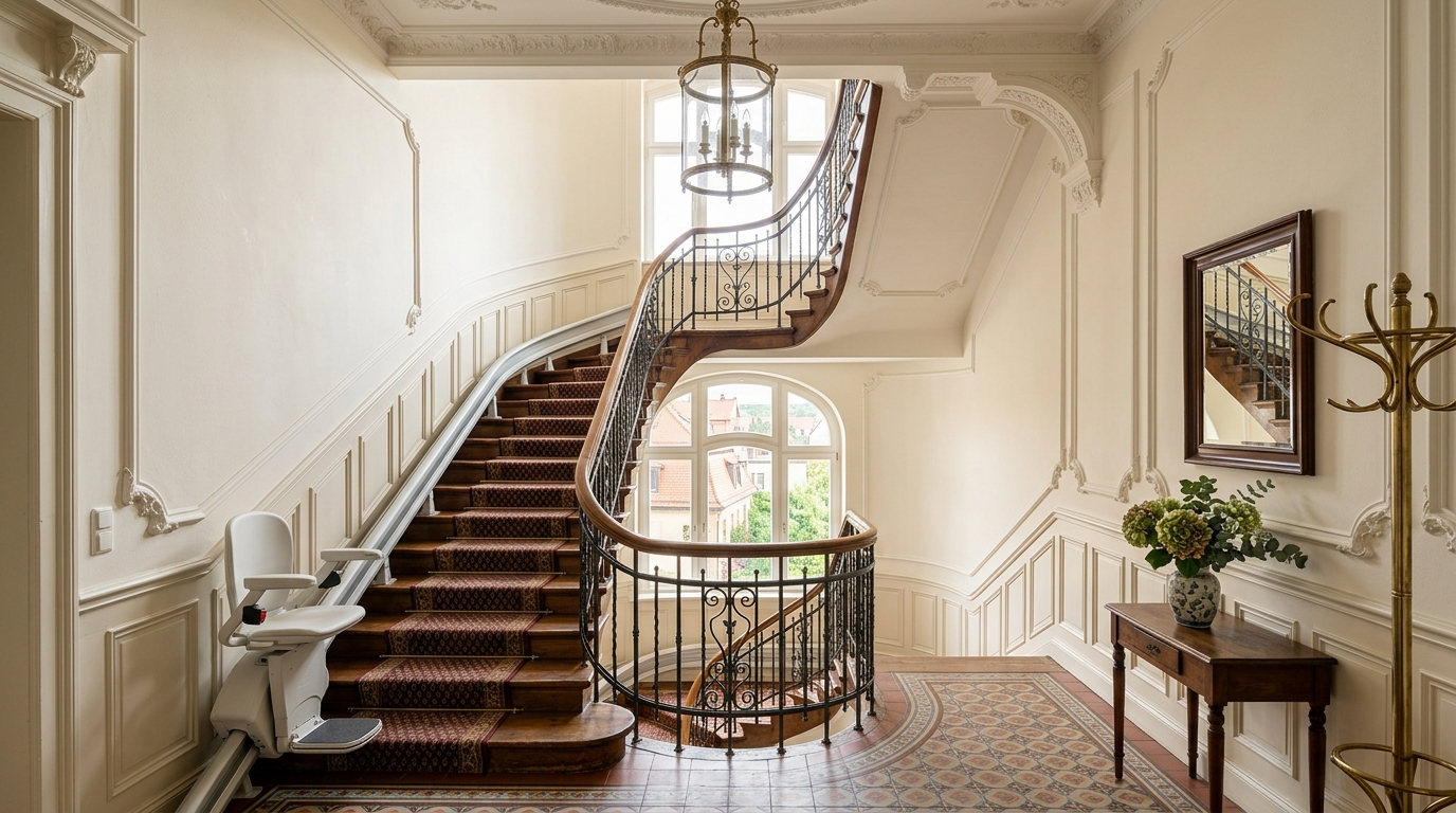 Elegantes Treppenhaus in einem sanierten Dresdner Altbau mit einem modernen Sitz-Treppenlift an der geschwungenen Treppe.