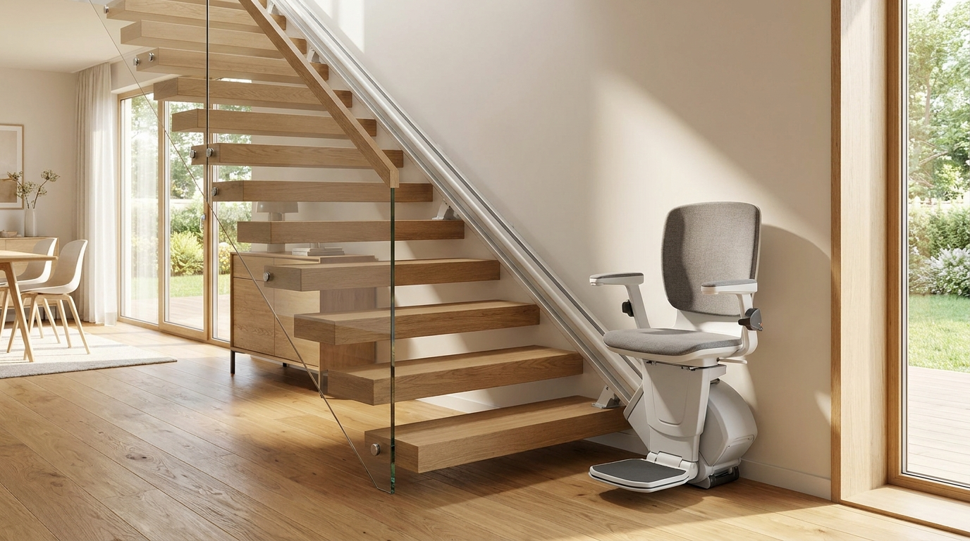 Helle Holztreppe in einem modernen Essener Familienhaus mit einem Sitz-Treppenlift.