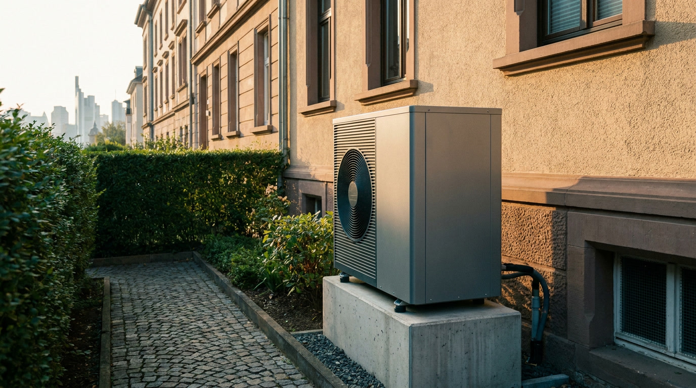 Graue Luft-Wasser-Wärmepumpe als Außengerät neben einem Frankfurter Altbau-Wohnhaus, im Hintergrund am Horizont die Skyline.