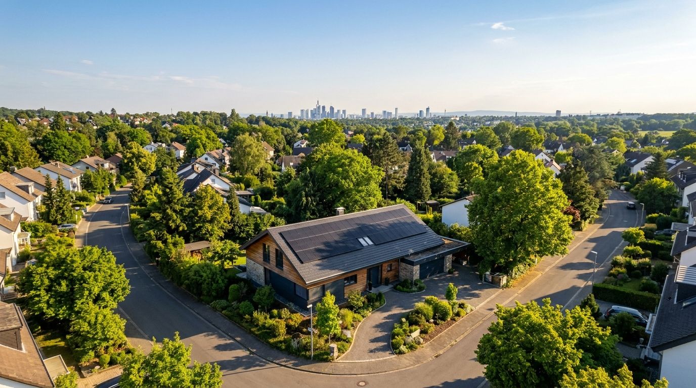 Luftaufnahme eines modernen Hauses mit schwarzen Solarmodulen auf dem Dach in einem grünen Vorort, am Horizont die Skyline von Frankfurt.