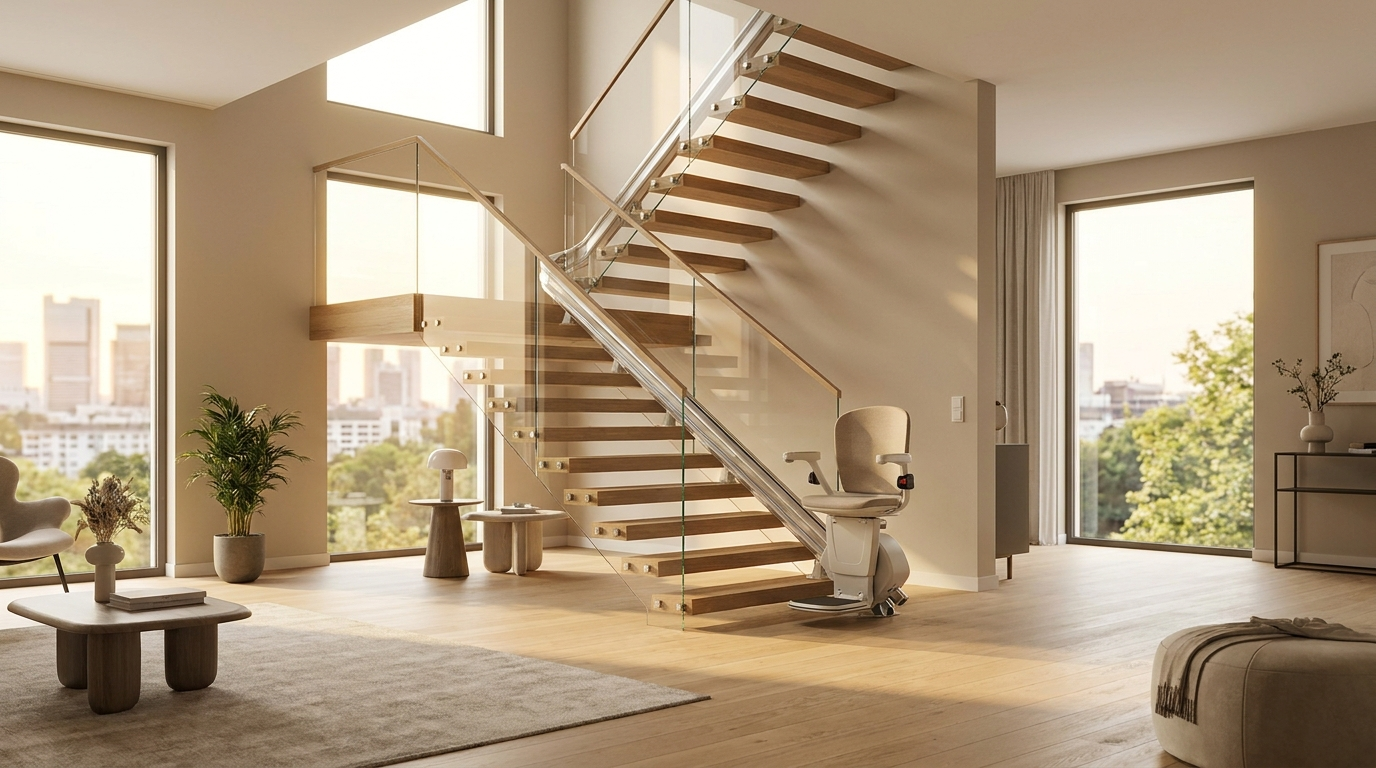 Helle, offene Treppe in einem modernen Frankfurter Stadthaus mit einem modernen Sitz-Treppenlift.