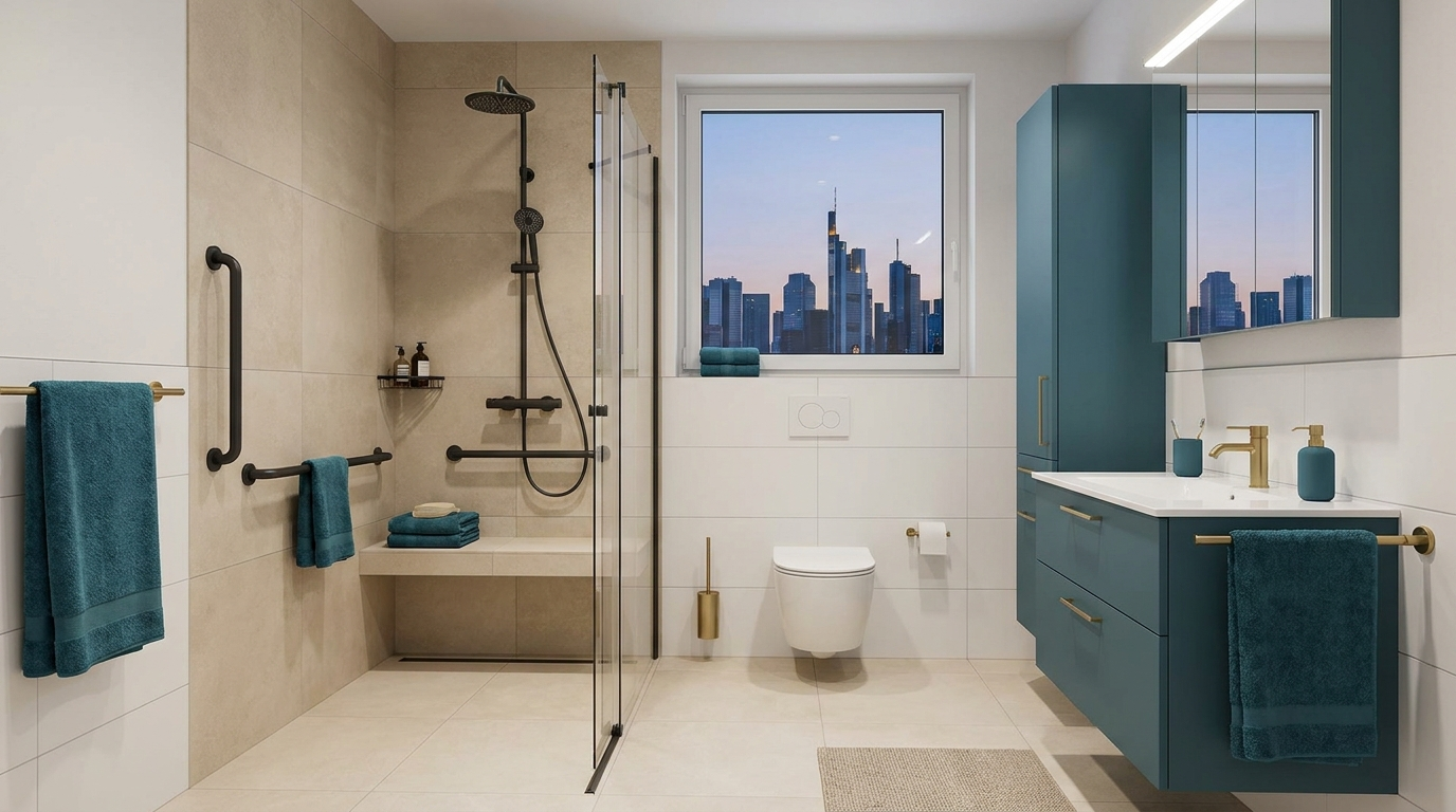 Modernes barrierefreies Bad in einem Frankfurter Mehrfamilienhaus: ebenerdige Dusche mit Haltegriff, sandfarbe Fliesen, Fenster mit Blick auf die Frankfurter Skyline in der Ferne.