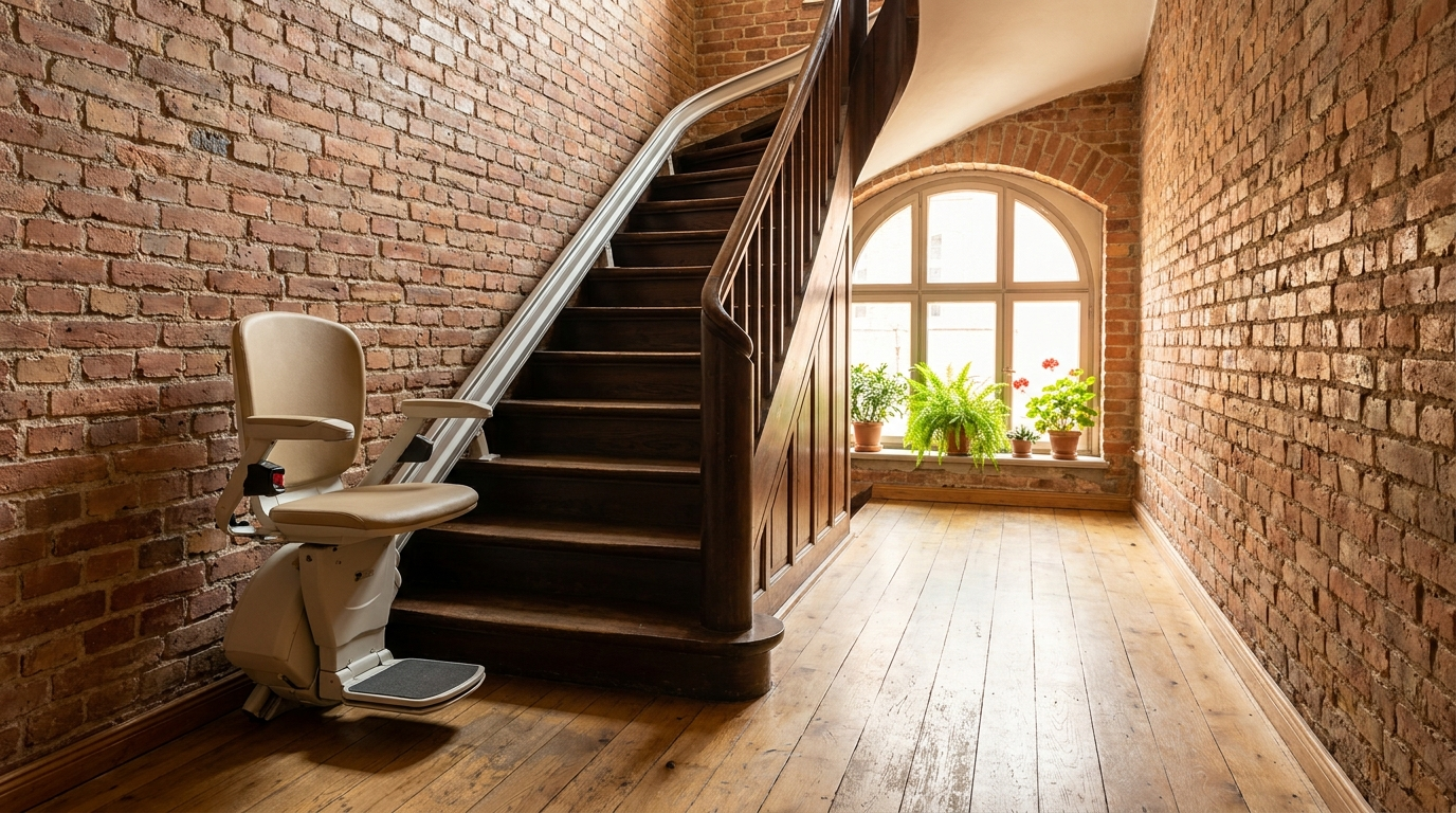 Heller Treppenaufgang in einem Hamburger Backstein-Altbau mit einem modernen Sitz-Treppenlift an der Holztreppe.