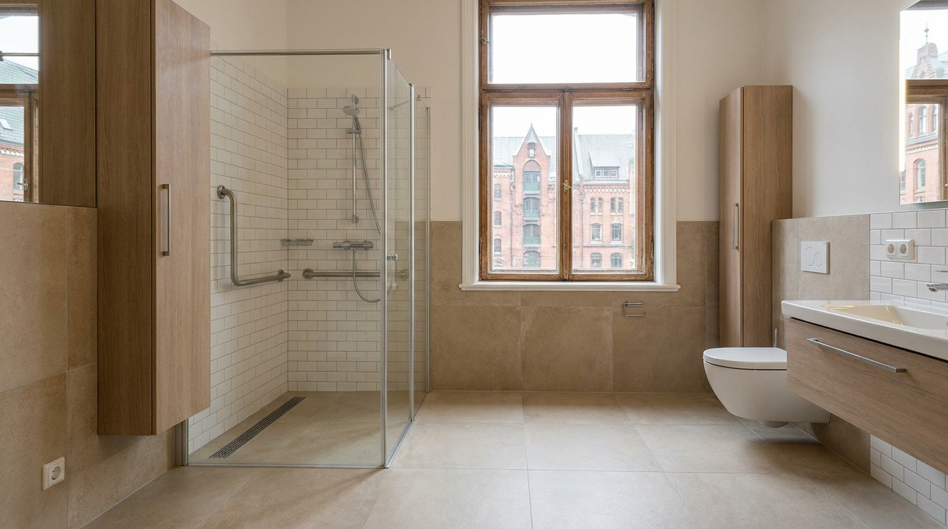 Barrierefreies Bad in einem Hamburger Altbau: ebenerdige Dusche mit Haltegriff, helle sandfarbe Fliesen, Fenster mit Blick auf roten Backstein der Hamburger Kontorhaus-Architektur.