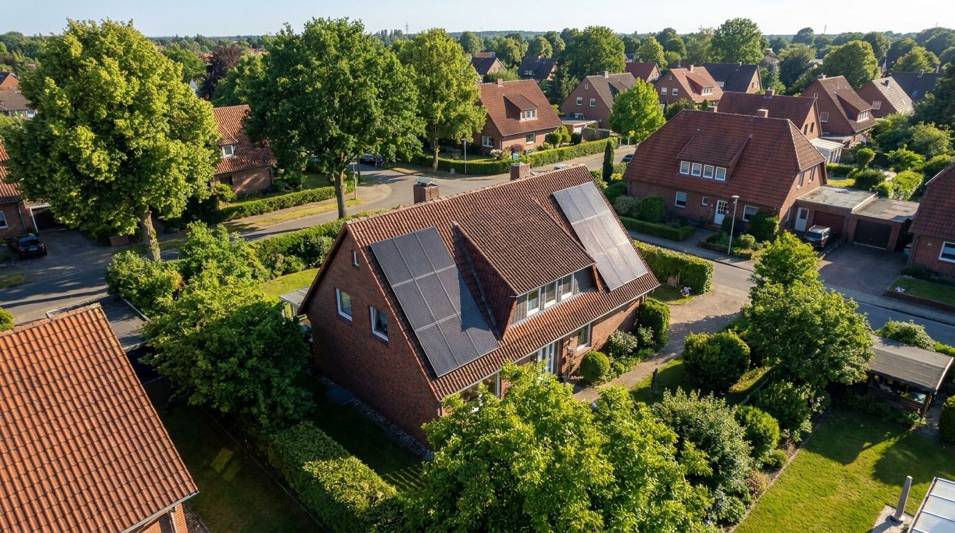 Luftaufnahme eines norddeutschen Hauses mit schwarzen Solarmodulen auf rotem Ziegeldach in einem grünen Wohnviertel.