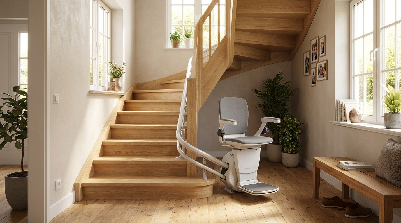 Helle Eichentreppe in einem Hannoveraner Wohnhaus mit einem Sitz-Treppenlift.
