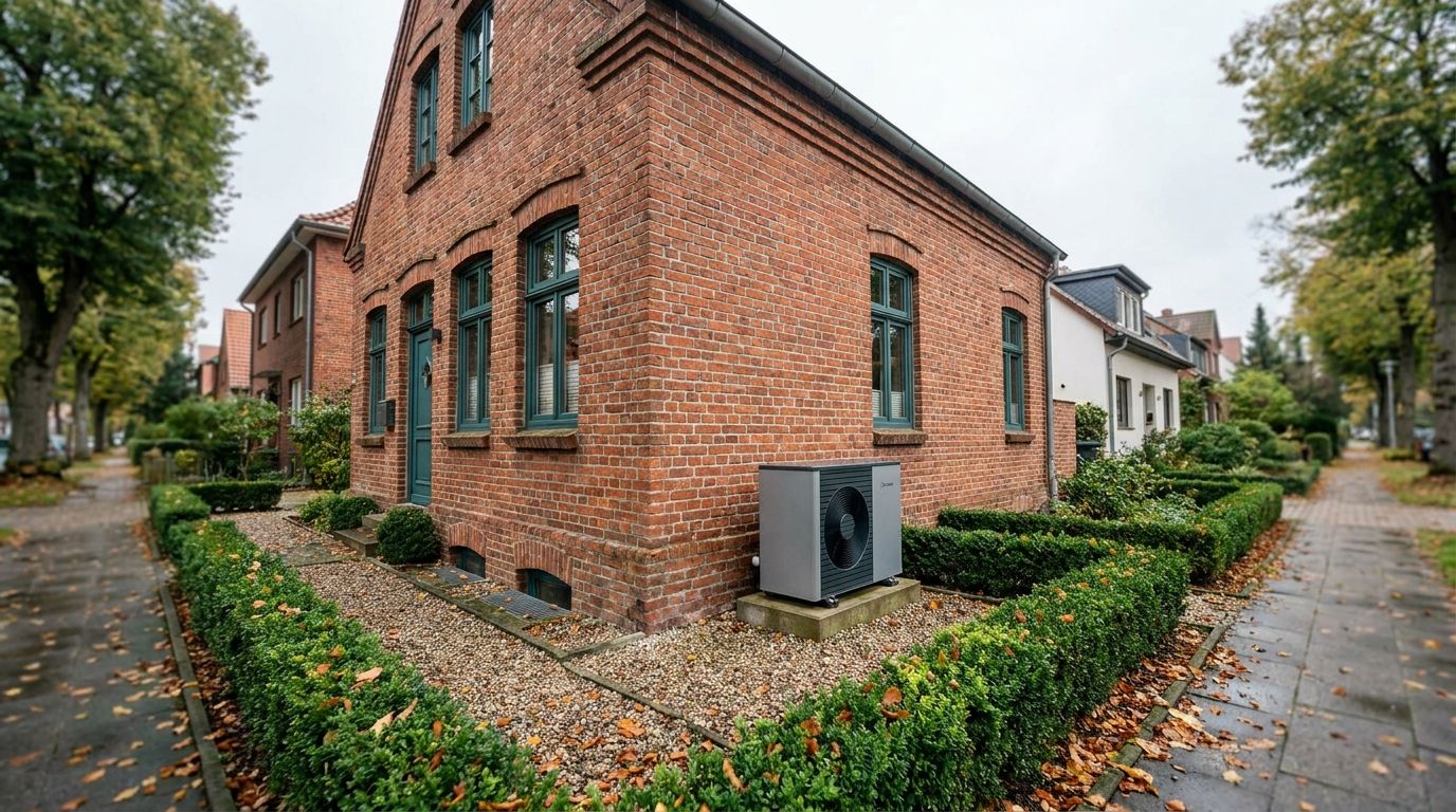 Graue Luft-Wärmepumpe als Außengerät neben einem norddeutschen Klinker-Backsteinhaus mit grünen Fenstern in einer ruhigen Wohnstraße.