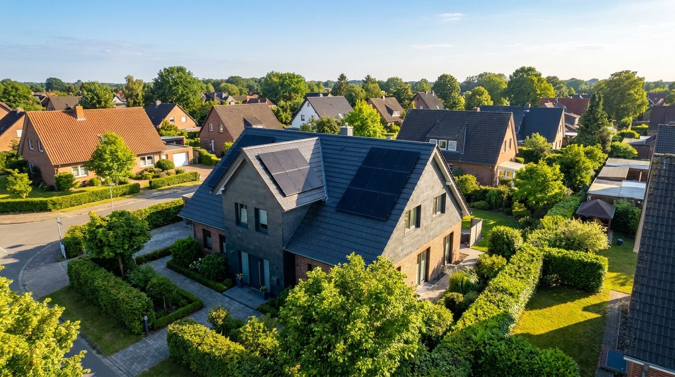 Luftaufnahme eines modernen Hauses mit schwarzen Solarmodulen auf dem Dach in einem grünen Vorort im Rheinland.