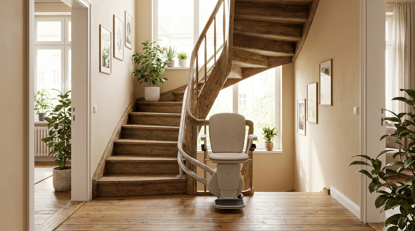 Geschwungene Holztreppe in einem Kölner Altbau-Flur mit einem Sitz-Treppenlift.
