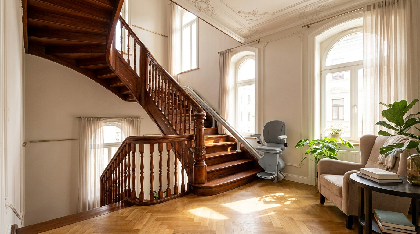 Geschwungene Holztreppe in einer sanierten Leipziger Gründerzeitwohnung mit einem modernen Sitz-Treppenlift.