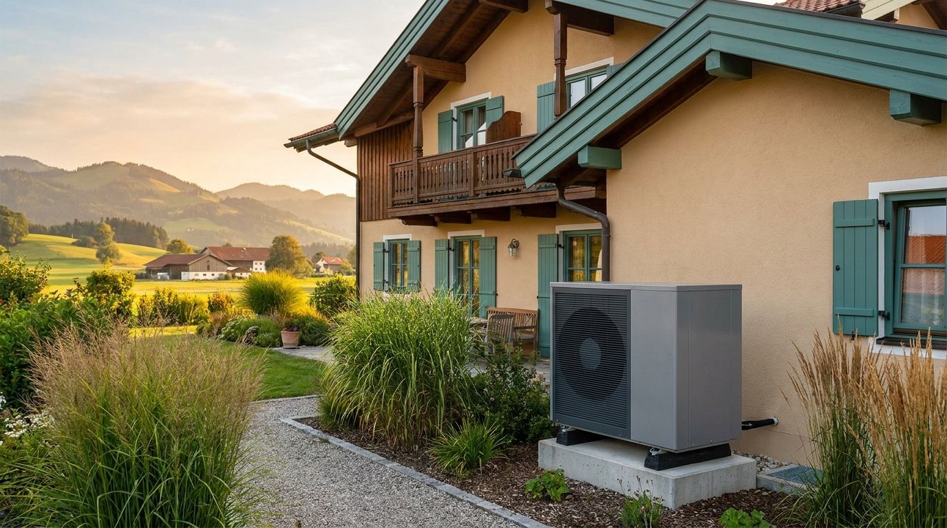 Luft-Wärmepumpe als Außengerät neben einem bayerischen Wohnhaus mit Holzbalkon, im Hintergrund die Voralpen im Abendlicht.