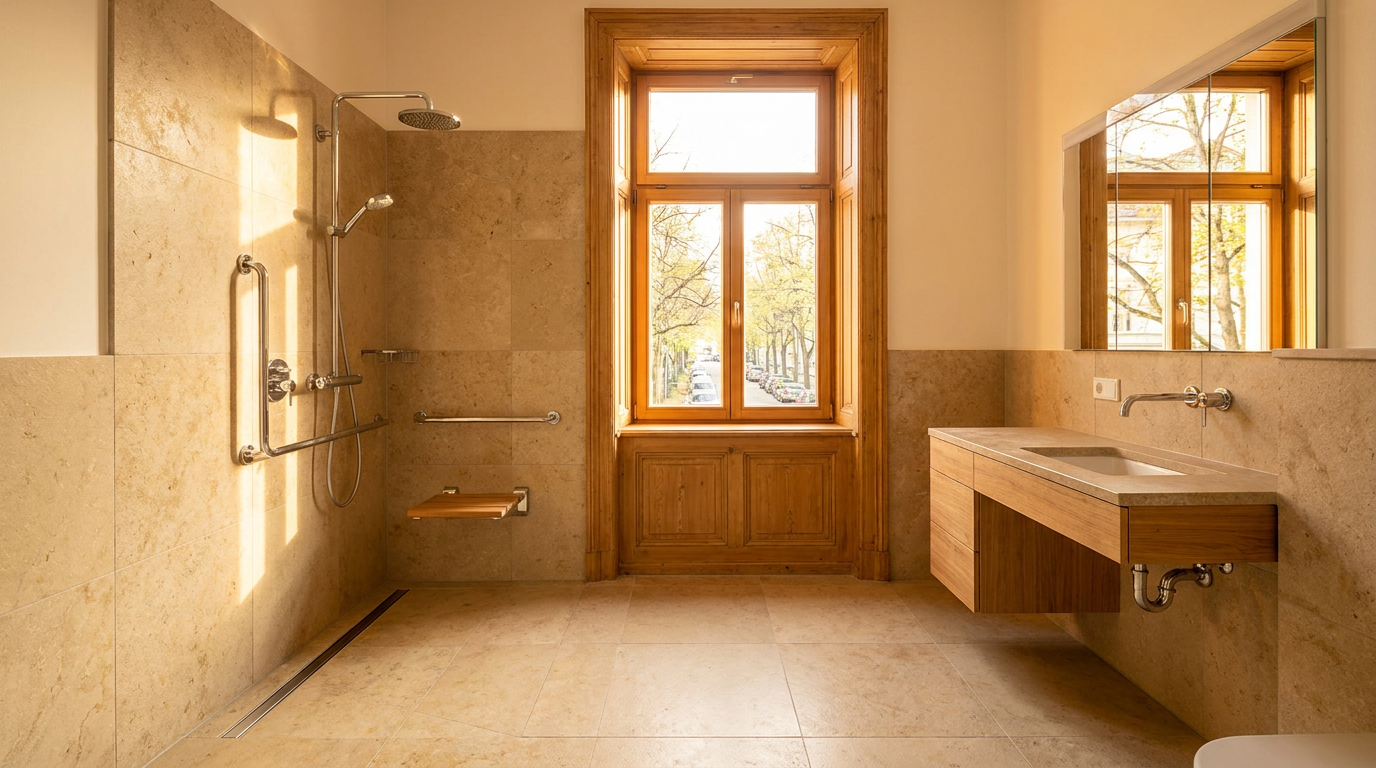 Modernes barrierefreies Bad in einem Münchner Altbau: ebenerdige Dusche mit Chromhaltegriffen, natursteinfarbene Fliesen, warmes bayerisches Morgenlicht, traditioneller Fensterrahmen.