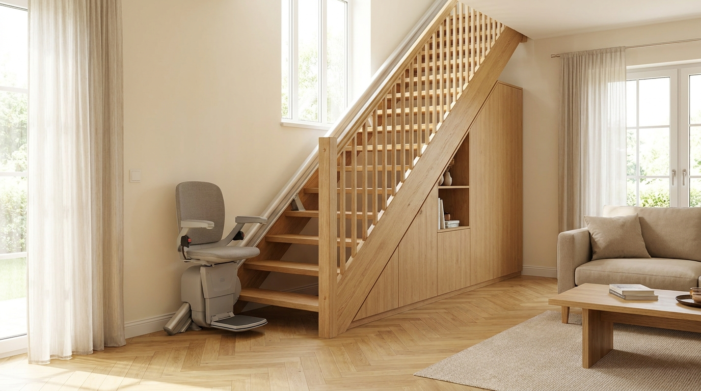 Helle Eichentreppe in einem Münchner Wohnhaus mit einem Sitz-Treppenlift.