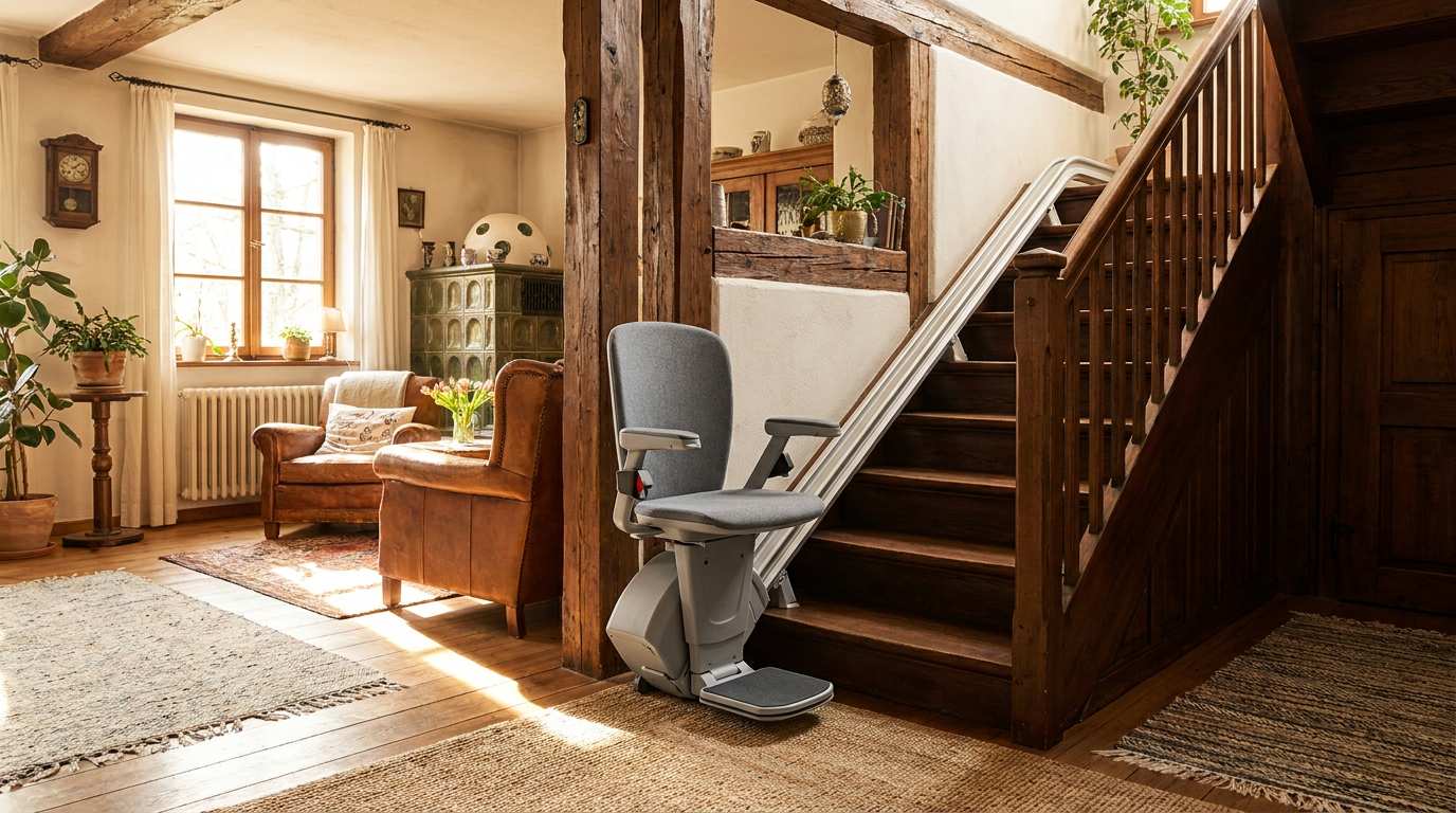 Holztreppe in einem gemütlichen fränkischen Haus in Nürnberg mit einem Sitz-Treppenlift.
