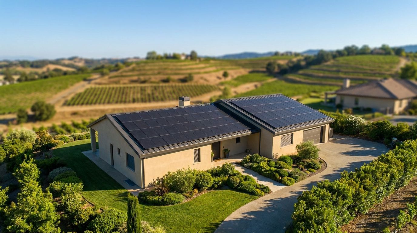 Luftaufnahme eines Wohnhauses mit schwarzen Photovoltaik-Modulen auf dem Dach, eingebettet in die Weinberg-Hügel der Region Stuttgart.