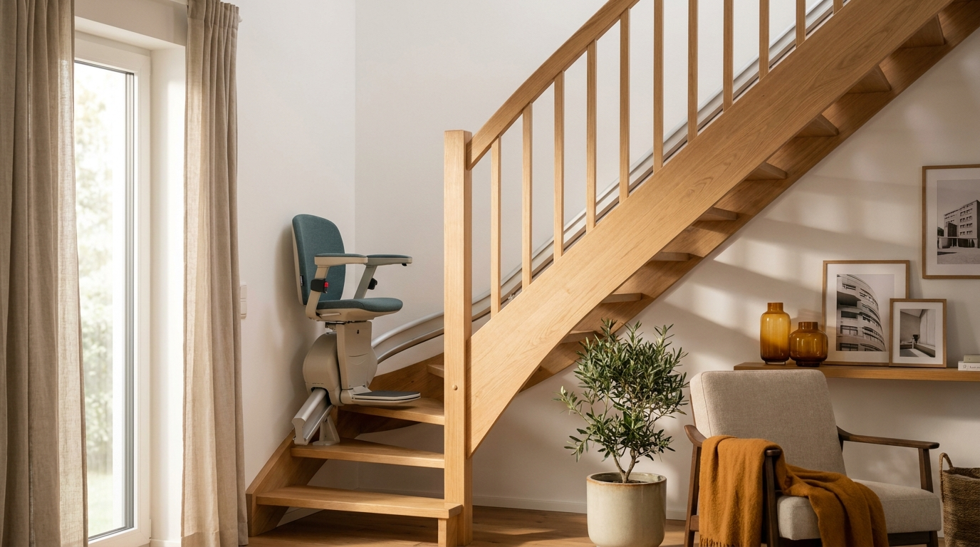 Sitzlift an einer geraden Holztreppe in einem hellen Wohnhaus, einsatzbereit.