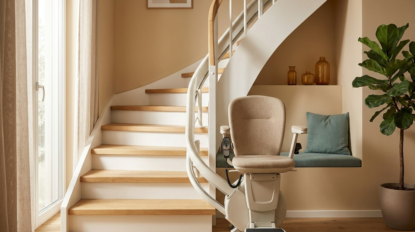 Kurvenlift an einer gewendelten Treppe in einem Wohnhaus.