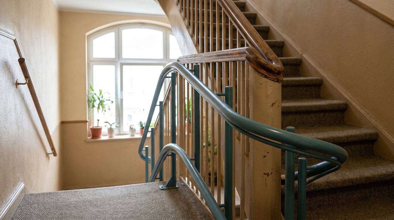 Treppenlift-Schiene im gemeinsamen Treppenhaus eines Mehrfamilienhauses.