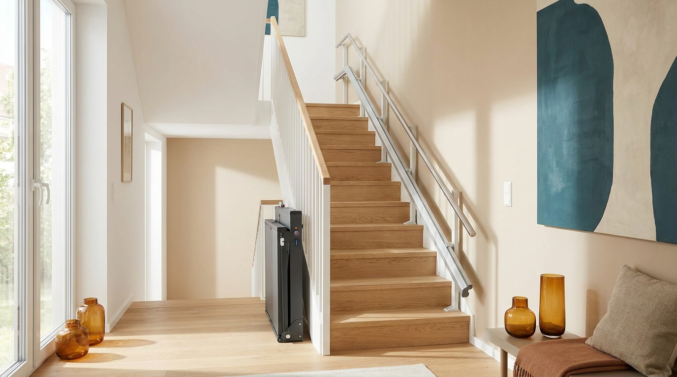 Plattformlift an einer geraden Treppe in einem hellen Wohnhaus.