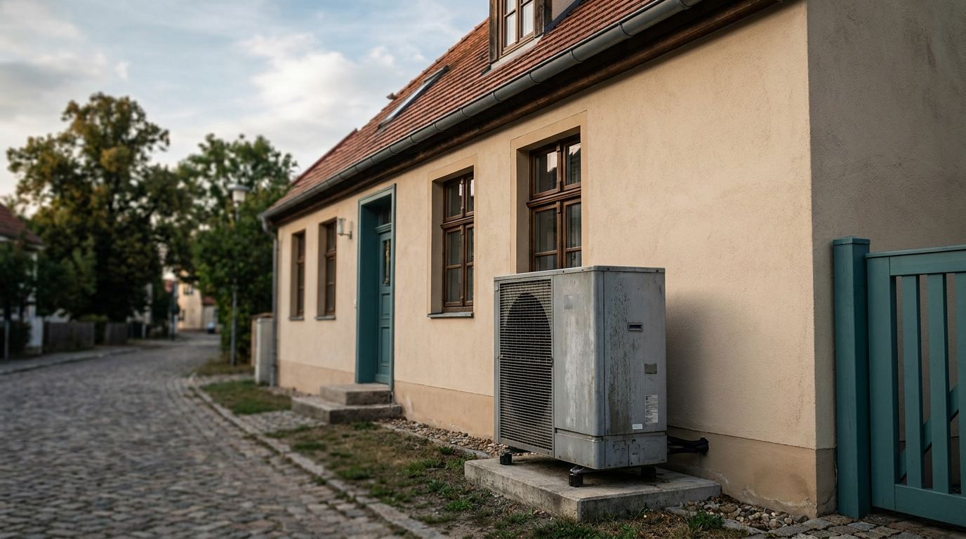 Wärmepumpen-Außeneinheit neben einem älteren Haus mit verputzter Fassade.